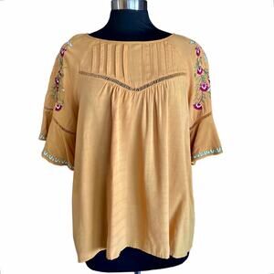 Entro Mustard Top Embroidered Sleeves Pleated Bell Sleeves Boho Western Medium